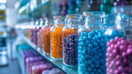 Multicolored capsules, tablets in transparent bottles. Minimal medical concept.