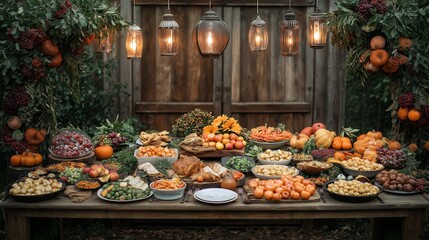 Thanksgiving dinner spread with traditional dishes, set on a rustic table.