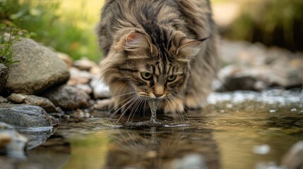 Wall Mural - A cat drinking from a stream, surrounded by rocks and greenery.