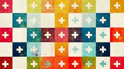 Abstract colorful background with white plus signs on a checkered pattern.