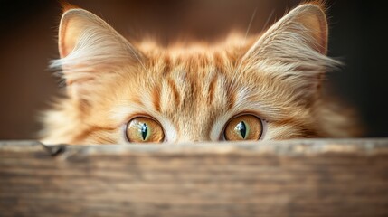 A fluffy orange tabby cat nestled in a background of natural wooden textures, its face partially hidden with only its curious eyes and nose visible,