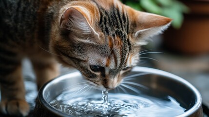 A cat drinking water from a bowl, showcasing its playful curiosity and natural behavior.