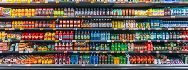 Wall Mural - Supermarket shelves filled with various condiments and beverages