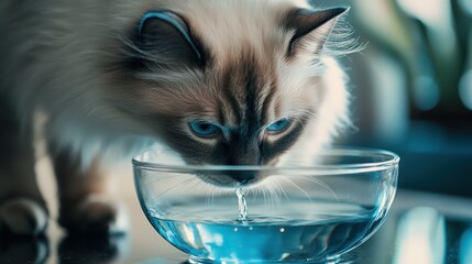 Poster - A cat drinking water from a clear bowl, with a tranquil background.