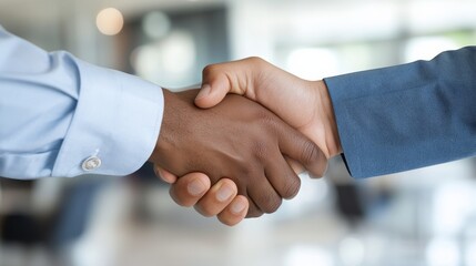 Leinwandbilder - Business handshake between two men with a modern office in soft focus