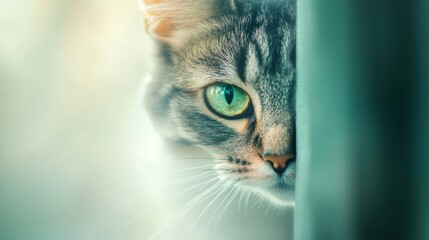 Cat with bright green eyes peeking from behind a blurred background of soft pastel colors, with a subtle play of light highlighting its whiskers and fur