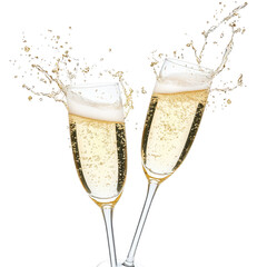 two champagne glasses clinking with bubbles and splashes, isolated on white. celebration, new year, 