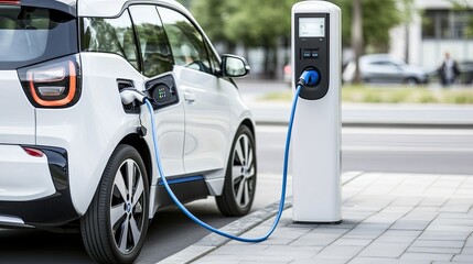 A white electric car is connected to a blue energy cable at an outdoor charging station in a park, highlighting sustainable transportation in daylight