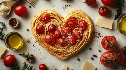 Heart-shaped spaghetti art on a white table background with surrounding food elements like sliced tomatoes