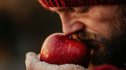 The image features a close-up of a gloved hand holding a frosted apple, set against a wintry background, emphasizing the crispness and beauty of the cold season and human interaction with nature.