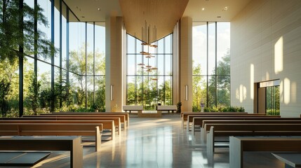 Sticker - A modern place of worship with sleek design, large windows, and natural light flooding the interior.