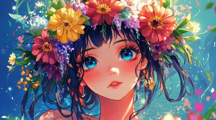 Wall Mural - Vibrant anime style cartoon girl adorned with flowers in her hair