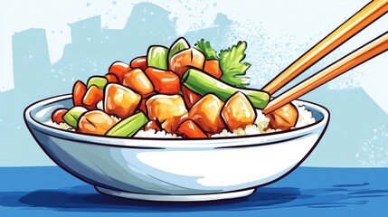 Cartoon illustration of a traditional chicken kung pao dish featuring vegetables and chopsticks Ideal for menus and designs focused on Asian cuisine