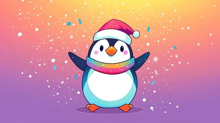 Sticker - Colorful gradient line illustration of a playful cartoon penguin celebrating Christmas