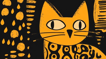 Wall Mural - 2D cartoon representation of a yellow cat with a black pattern