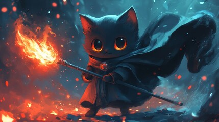 A black cat with glowing eyes holds a flaming torch, standing amidst a fiery landscape.  .