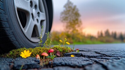 Car Tire Growing Moss and Mushrooms on Cracked Road