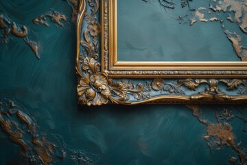 An elegant golden frame showcases intricate floral designs, positioned in front of a textured teal map mural, reflecting a blend of artistry and historical exploration