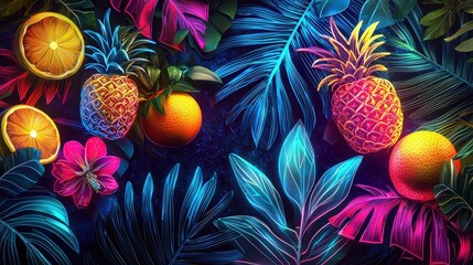 Poster - The vibrant arrangement features bright pineapples and oranges surrounded by lush tropical leaves, creating a lively and inviting summer vibe