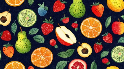 Poster - This design features a colorful arrangement of various fruits such as apples, oranges, pears, and berries against a dark backdrop, perfect for fabrics and decorative outlines