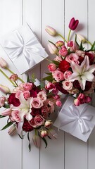 Wall Mural - Floral bouquets with white gift box on white wooden background