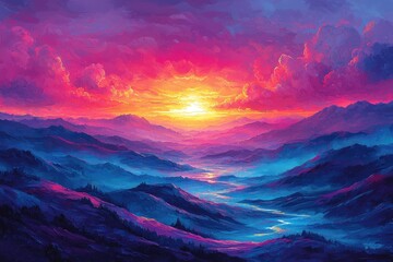 Wall Mural - Vivid colors fill the sky as the sun sets beyond distant mountain peaks. A tranquil river winds through the valley, reflecting the brilliant hues of twilight