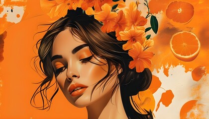 Elegant collage illustration of a beautiful woman with flowing hair on a vibrant orange background, perfect for planners, notebooks, and feminine wallpaper designs