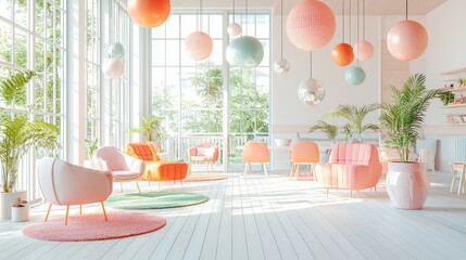Poster - The space showcases a well-lit room with large windows and vibrant hanging light fixtures. Comfortable chairs in soft shades create a welcoming atmosphere surrounded by greenery