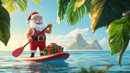 Canvas Print - In a tropical setting, a cheerful Santa rides a kayak, balancing a stack of colorful gifts while surrounded by lush greenery and sparkling blue water