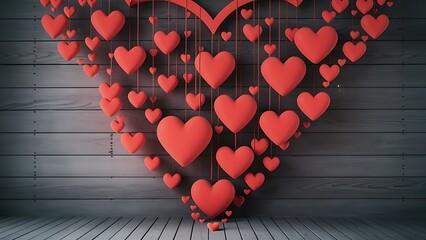 Red hearts hanging over grey wood background