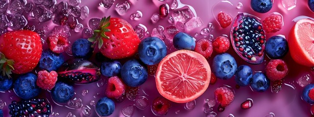 Wall Mural - Assorted fresh berries with ice cubes on pink background