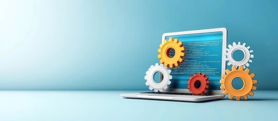 Laptop with Holographic Code and Gears on Blue Background