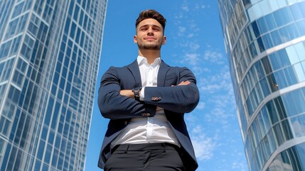 Confident businessman standing tall between modern skyscrapers, showcasing ambition and success against a clear blue sky.