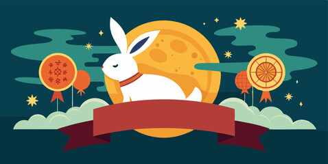 A white rabbit is sitting in front of a full moon at night