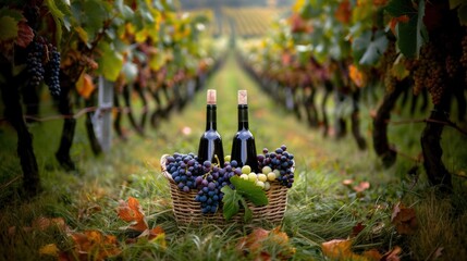 Wall Mural - Wine glass grape with background of grape plantation winery