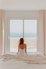 Wall Mural - A woman is sitting on a bed with a white dress on