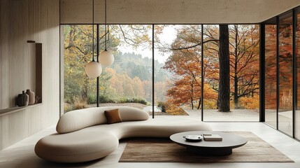 Poster - A stylish living room features a unique curved sofa facing expansive glass windows that showcase a vibrant autumn landscape. The warm tones create a cozy atmosphere