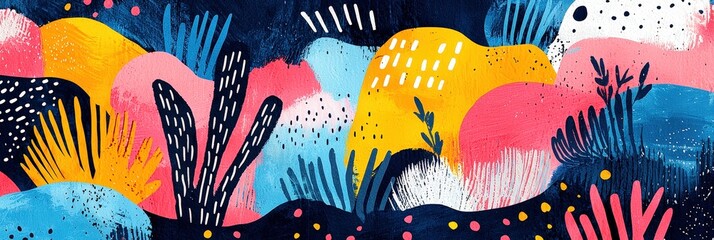 Poster - A lively mural showcases an array of bright colors, bold patterns, and organic shapes, creating an engaging visual experience in an urban setting during daylight