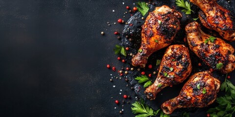 Delicious grilled chicken drumsticks with herbs, spices, and a dark background, perfect for food photography and culinary arts.