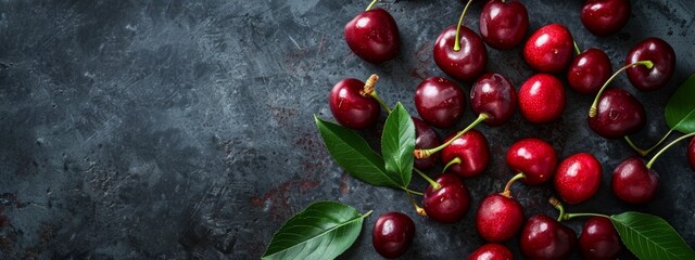 Wall Mural - Fresh cherries with green leaves on dark rustic background