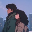 © Raccoon Nam - Anime-Style Couple in Winter City - Romantic and Cozy Digital Art