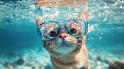 Wall Mural - Cat Underwater Wearing Goggles