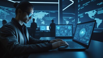 Focused businessman typing on laptop in modern office, surrounded by technology and digital tools