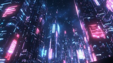 A glowing futuristic cityscape at night with towering skyscrapers, neon lights reflecting off metallic surfaces, and abstract AI holographic displays hovering above the streets, blending technology