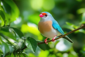 Close-up of colorful bird perched on a branch, surrounded by green leaves and natural sunlight