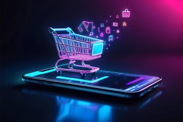 E-commerce online shopping concept. shopping cart with a smartphone. Generative AI.