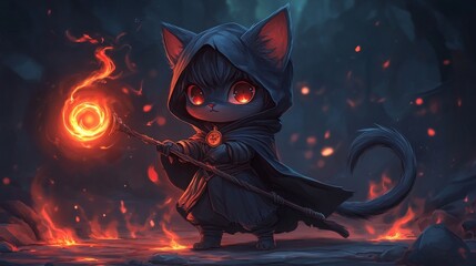 A hooded cat-like creature wields a glowing staff, casting magic amidst fiery embers. .