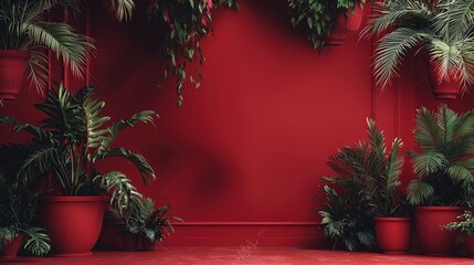 Wall Mural - A striking indoor space features various tropical plants in colorful pots, beautifully contrasting with a rich red wall, creating a vibrant atmosphere