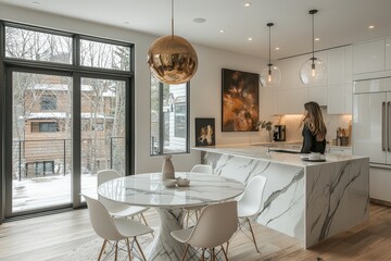 Poster - A woman prepares a meal in a chic kitchen featuring marble countertops, large windows, and a tastefully designed dining area, surrounded by snow