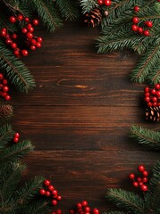 Wall Mural - christmas wooden background with fir branches and red berries, top view, new year's festive decorati